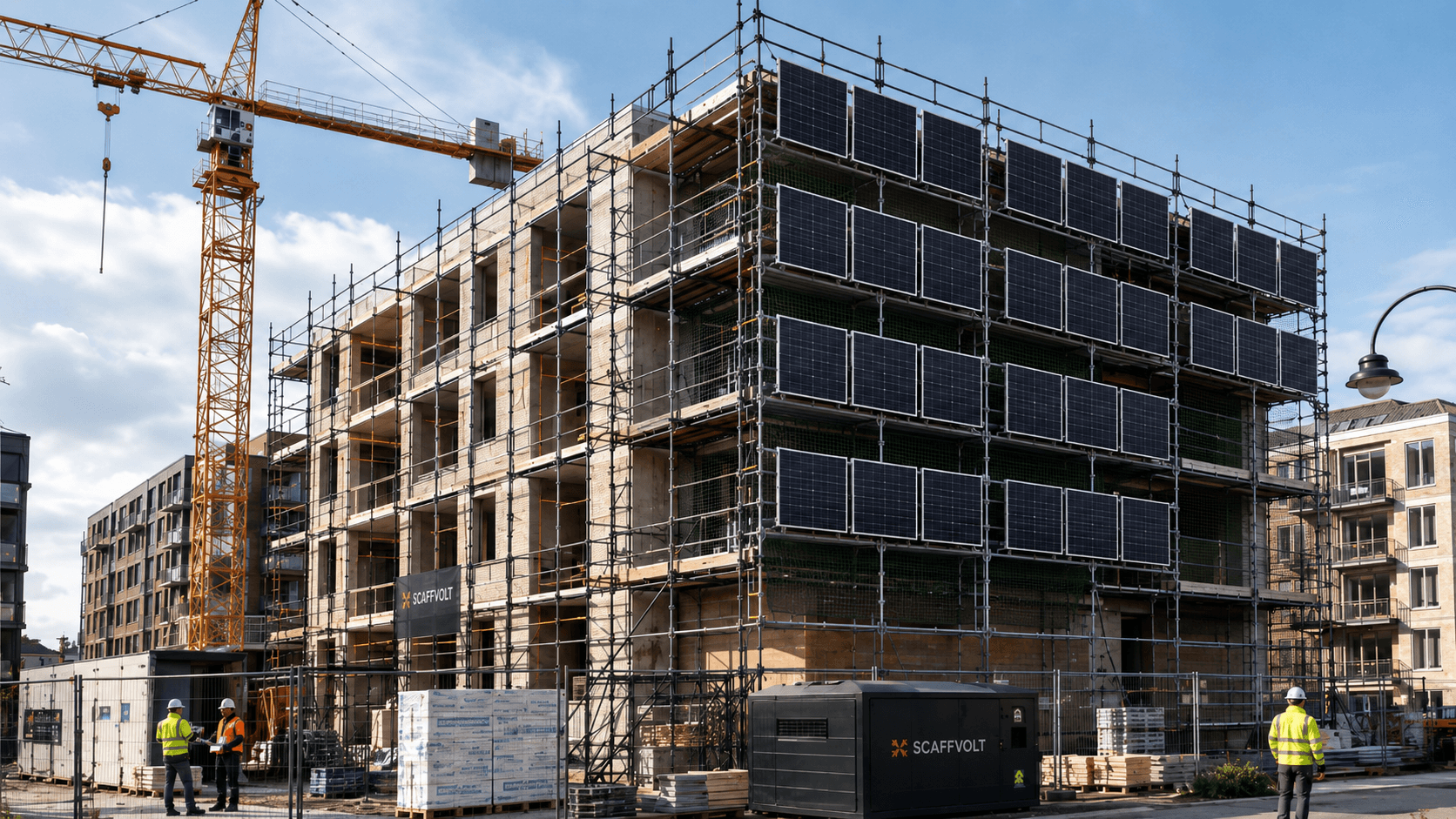 Bouwplaats met Scaffvolt-panelen op steiger